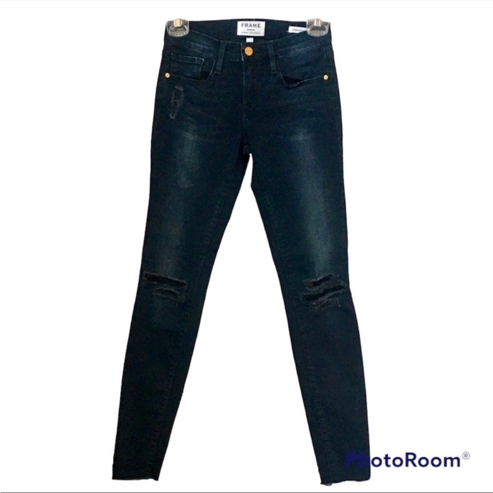 FRAME Le Skinny de Jeanne Jeans 24 Black Imperial Distressed Raw Hem Skinny